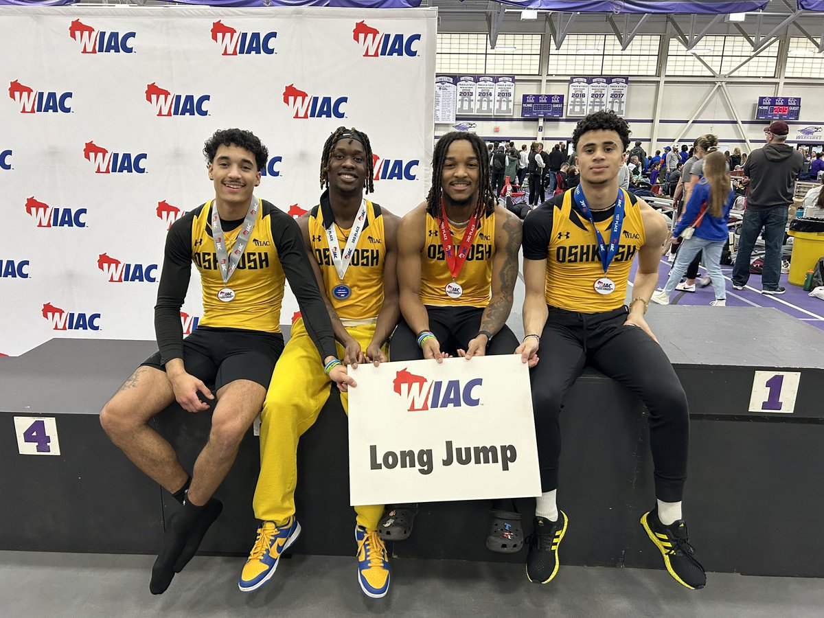 UWOTF_CC's tweet photo. Congrats to our event of the weekend! Our menโs Long Jump squad went 1-2-3-6 at the WIAC Championships! Josh Rivers (CHAMP), Londyn Little (2nd), Caleb Wright (3rd), and Charlie Nolan (6th) earned podium positions with great efforts! Congrats, men! #GoldStandard #27points https://t.co/9h1W1KMItD