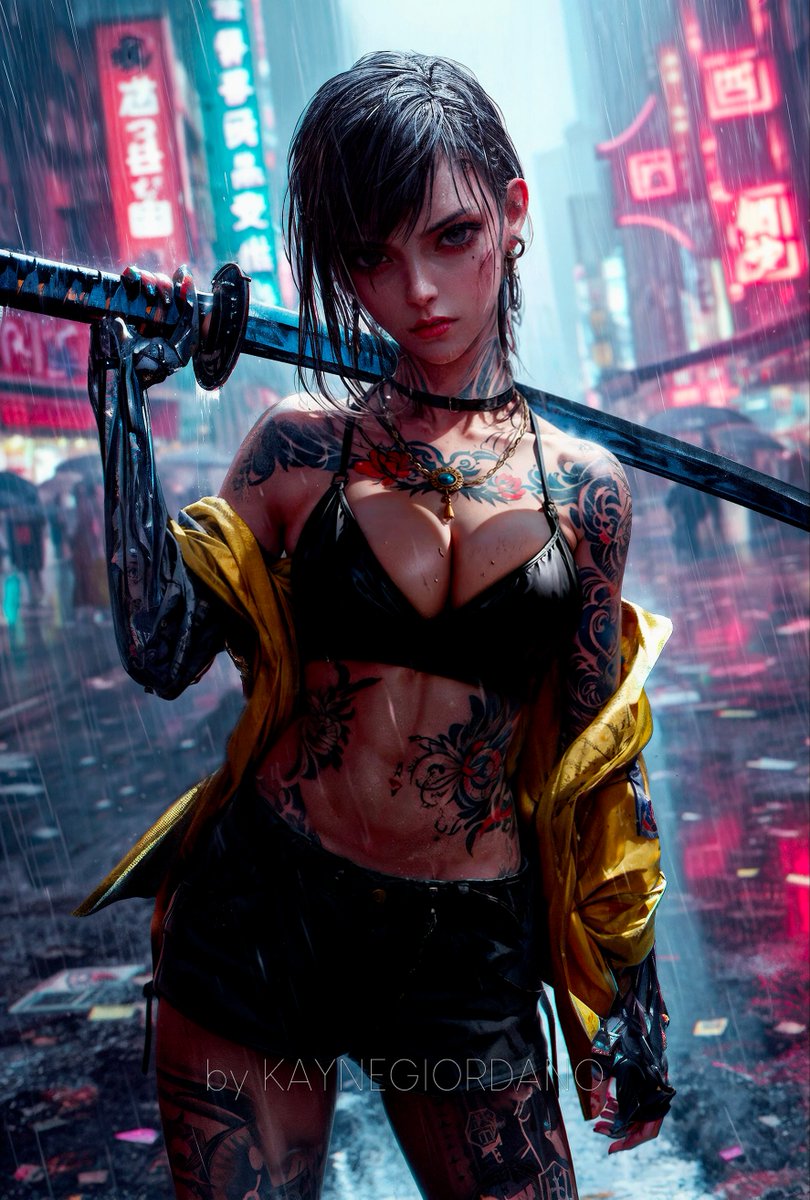 In the neon rain, her eyes tell tales of old; a samurai's soul in the heart of the city. 

I'm going to try putting up images in better quality but with a light watermark to see

#UrbanSamurai #aiart #Samurai #tattoosandmuscles #tattoo #Sword