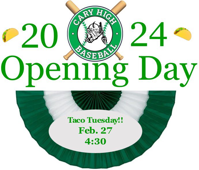 🚨Opening Day is Tuesday at the Cary High baseball field for the Varsity team! First pitch is 4:30pm! Celebrate 🌮 Tuesday with Las Gringas food truck! <a href="/RyanforCary/">Ryan Eades - Cary Town Council</a> <a href="/WRALAaron/">Aaron Thomas</a> <a href="/dtcarypark/">Downtown Cary Park</a> <a href="/CaryHighGameDay/">Cary High Game Day</a> <a href="/IMPAthletics/">CaryHighAthletics</a> <a href="/ImpsBaseball/">Cary Imps Baseball</a> tacoslasgringas.com