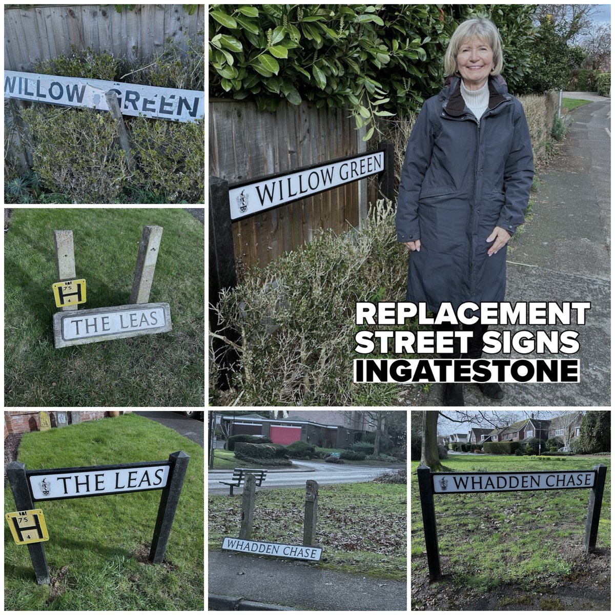 BwdOngarTories's tweet photo. Your Local Conservatives in Ingatestone, Fryerning and Mountnessing, led by Cllr @LesleyWagland have been busy delivering replacement street signs for Willow Green, The Leas and Whadden Chase. The new ones look so much better. #Ingatestone #community #conservatives https://t.co/JzHVE83jV2