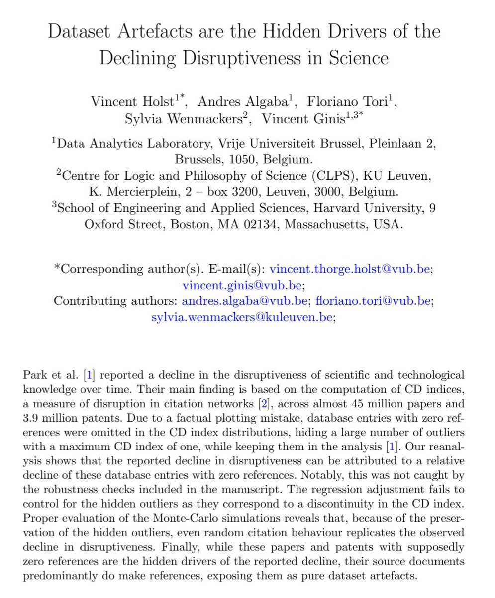 Remember that blockbuster paper recently published in Nature which claimed that there is a significant decline in the disruptiveness of scientific and technological innovation over time? The result turns out to be driven by plotting mistakes and dataset artefacts.