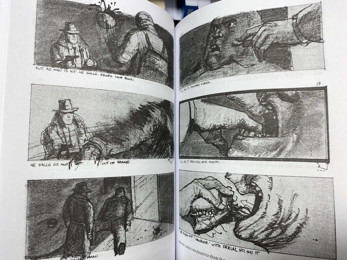 GunnWriter's tweet image. There’s a storyboarded scene in the original Ridley Scott “Bladerunner” in which Deckard retires a replicant working at a farming station. It was never filmed.

This scene was almost borrowed wholesale for the start of “Bladerunner 2049.”  

Here are the original boards.