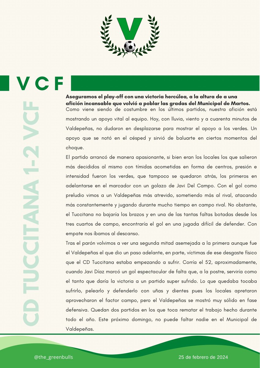 CD TUCCITANA 1-2 VALDEPEÑAS CF

Aseguramos el play-off con una victoria hercúlea, a la altura de a una afición incansable que volvió a poblar las gradas del Municipal de Martos.
