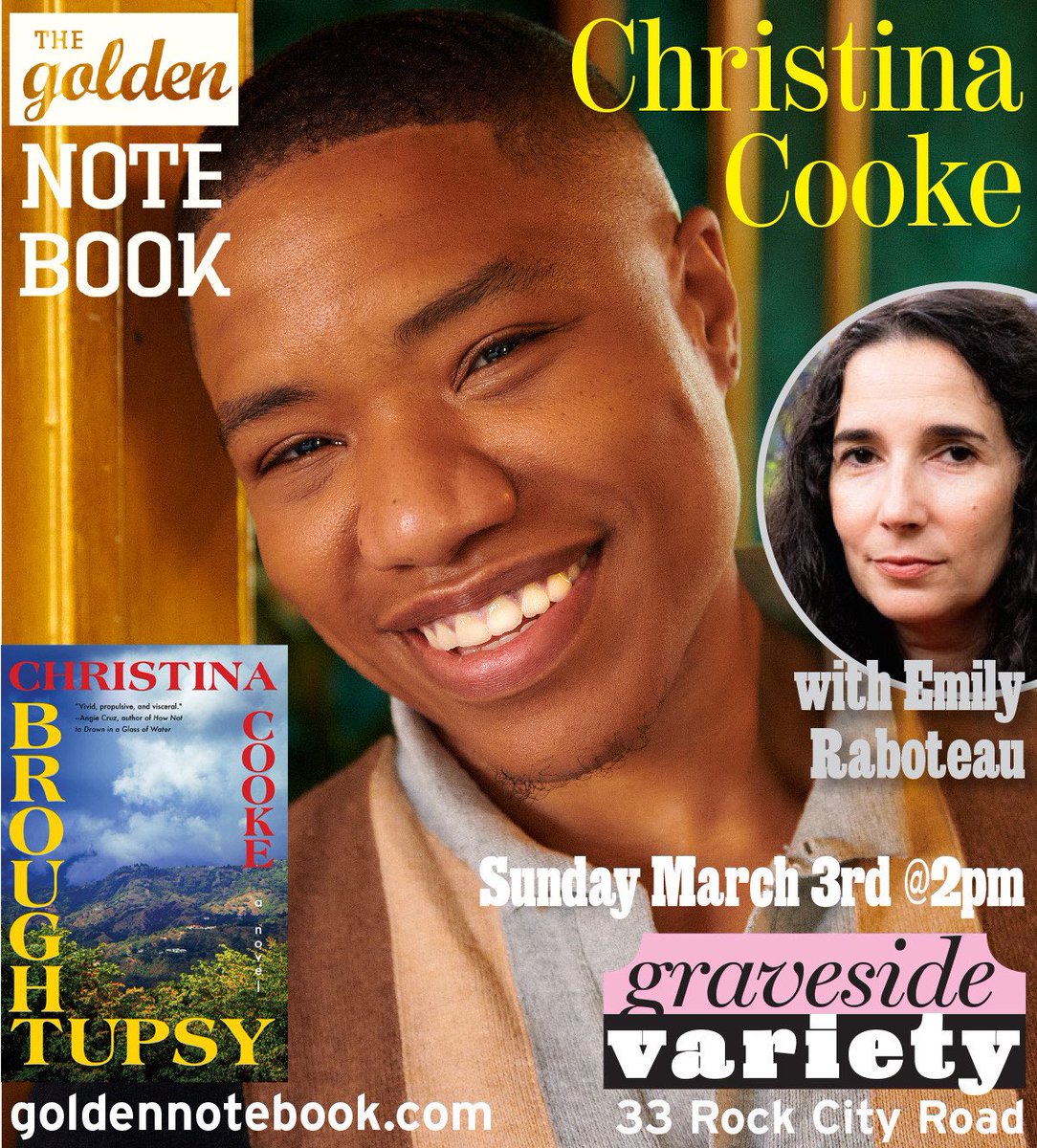 SUNDAY, MARCH 3, 2PM — join me & the splendid @emilyraboteau as we talk cultural strife & family fault lines as seen in BROUGHTUPSY. Presented by @GoldenNotebook1, we can’t wait to welcome y’all to Graveside Variety for our intimate & lively conversation. See y’all there 🤗