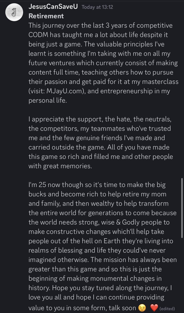 **Retirement from competitive CODM**