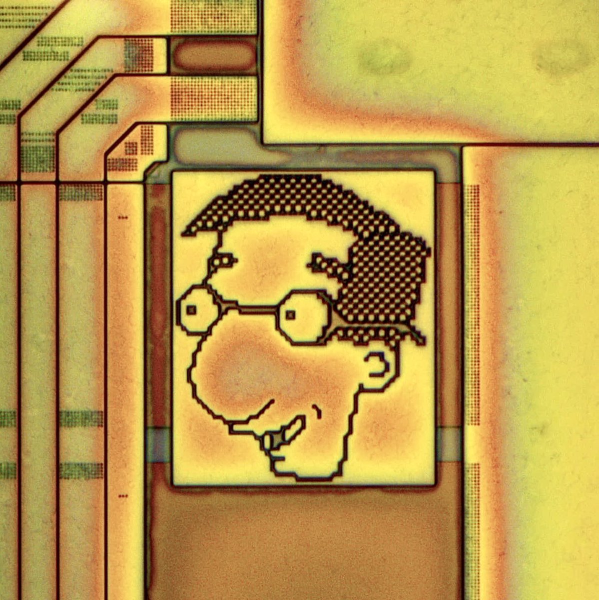 microscopicture's tweet image. silicon graffiti on a microchip magnified 600x
