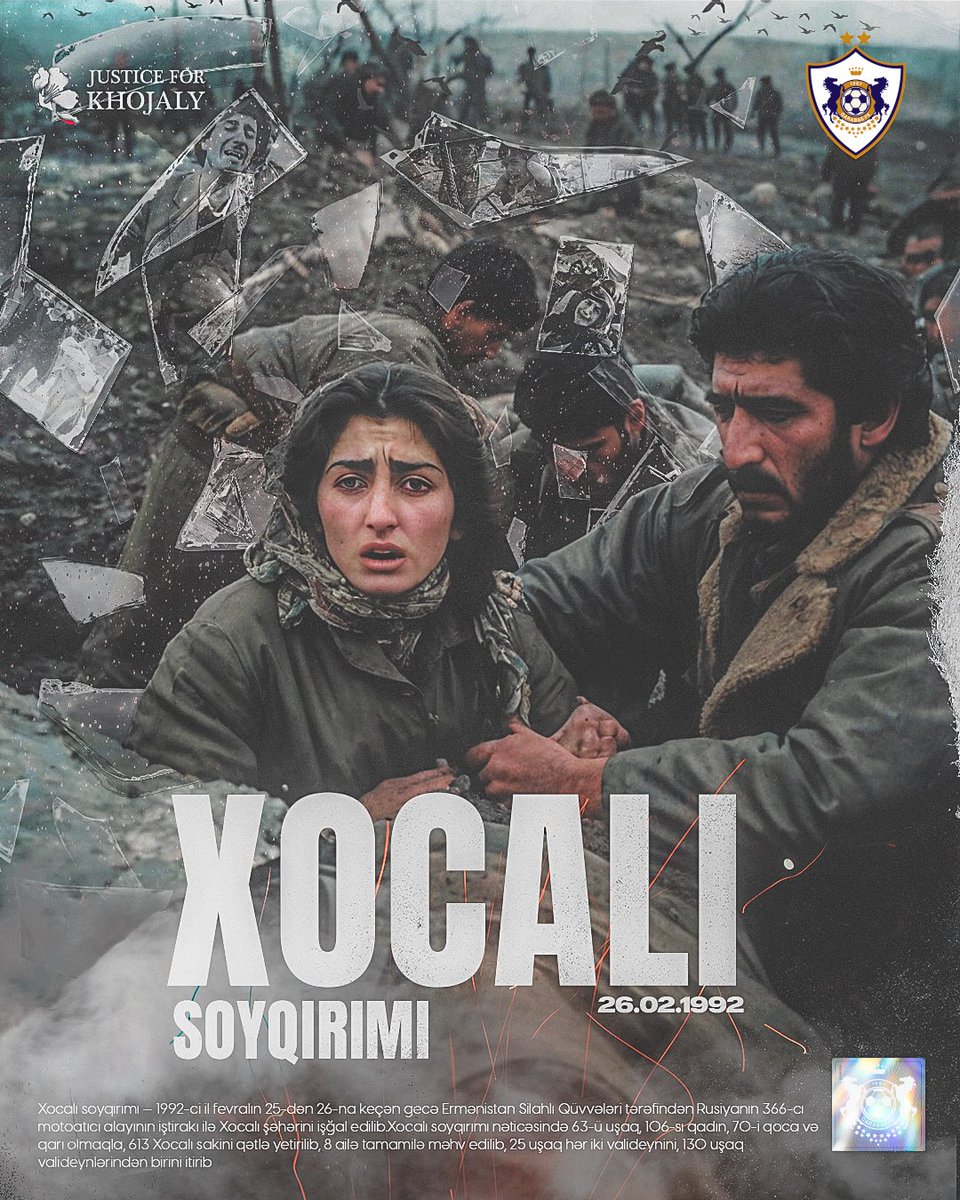 Bu gün Azərbaycan tarixinə qanla yazılmış Xocalı faciəsindən 32 il ötür. Allah şəhidlərimizə rəhmət eləsin!

#JusticeForKhojaly #Xocalı #Khojaly #KarabakhisAzerbaijan #QarabağFK