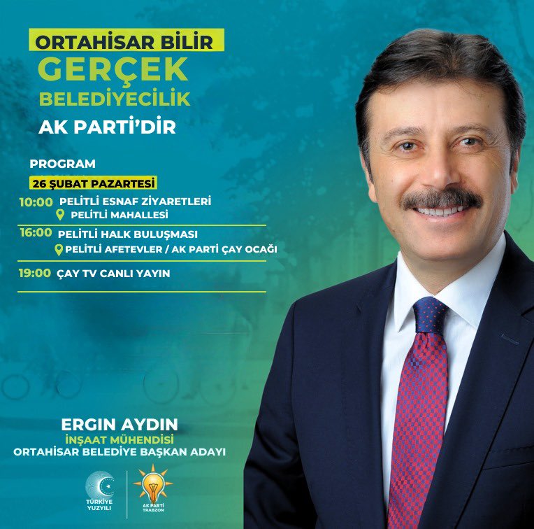 Ortahisar Belediye Başkan Adayı’mız Sn. <a href="/ErginAydin61/">Ergin Aydın</a> 26 Şubat Pazartesi Programı

Ortahisar Bilir Gerçek Belediyecilik AK Parti’dir