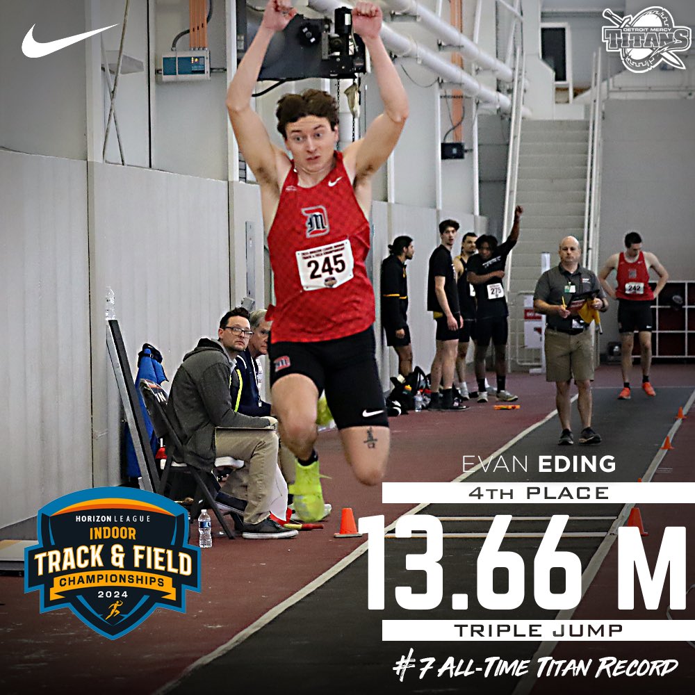 DetroitTitanTnF's tweet photo. Congrats to @EvanEding on taking 4th in the triple jump at the #HLTF Championships with a new PR and the 7th best mark in school history #DetroitsCollegeTeam ⚔️ https://t.co/ygpmfIktet