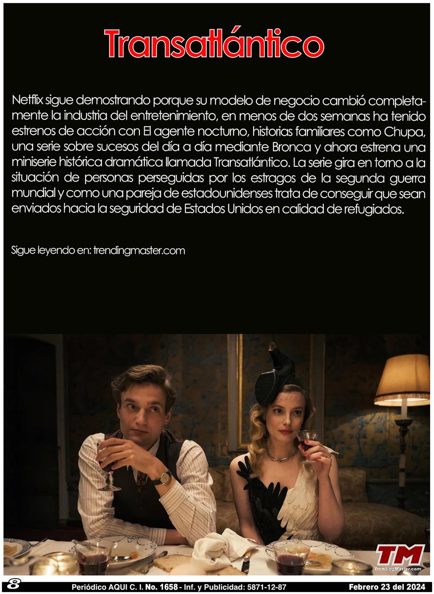 periodicoAQUI's tweet photo. TRENDINGMASTER escribió: "TRANSATLÁNTICO".

https://t.co/k6xIvF23av

#Trendingmaster #Netflix #Transatlántico #AQUICUAUTITLÁNIZCALLI

TrendingMaster https://t.co/PKYhbDCEjx