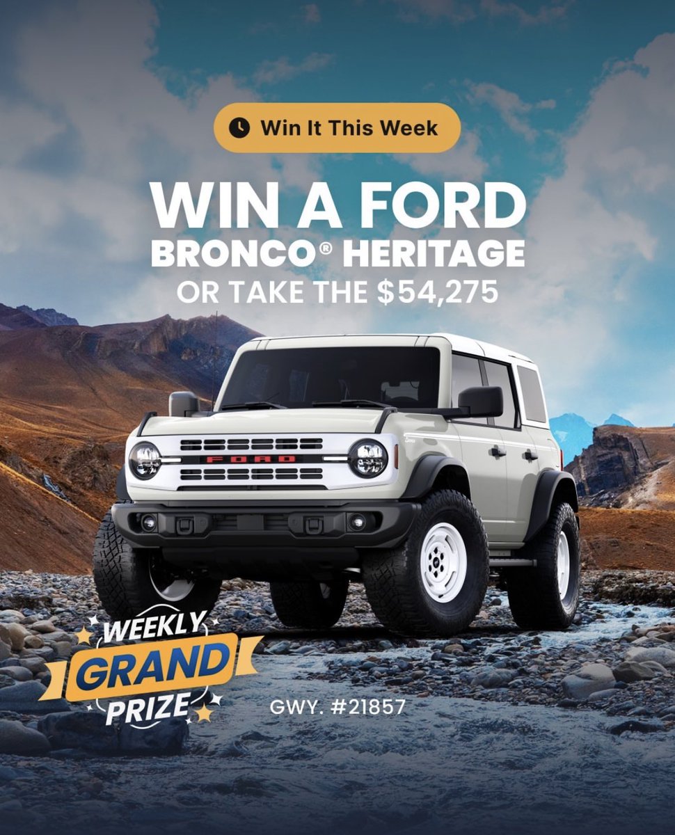 Yes, we're really giving away the Ford Bronco® Heritage that's been blowing up the internet - or you could take the cash instead! Come claim your FREE entries to win while there's still time.
