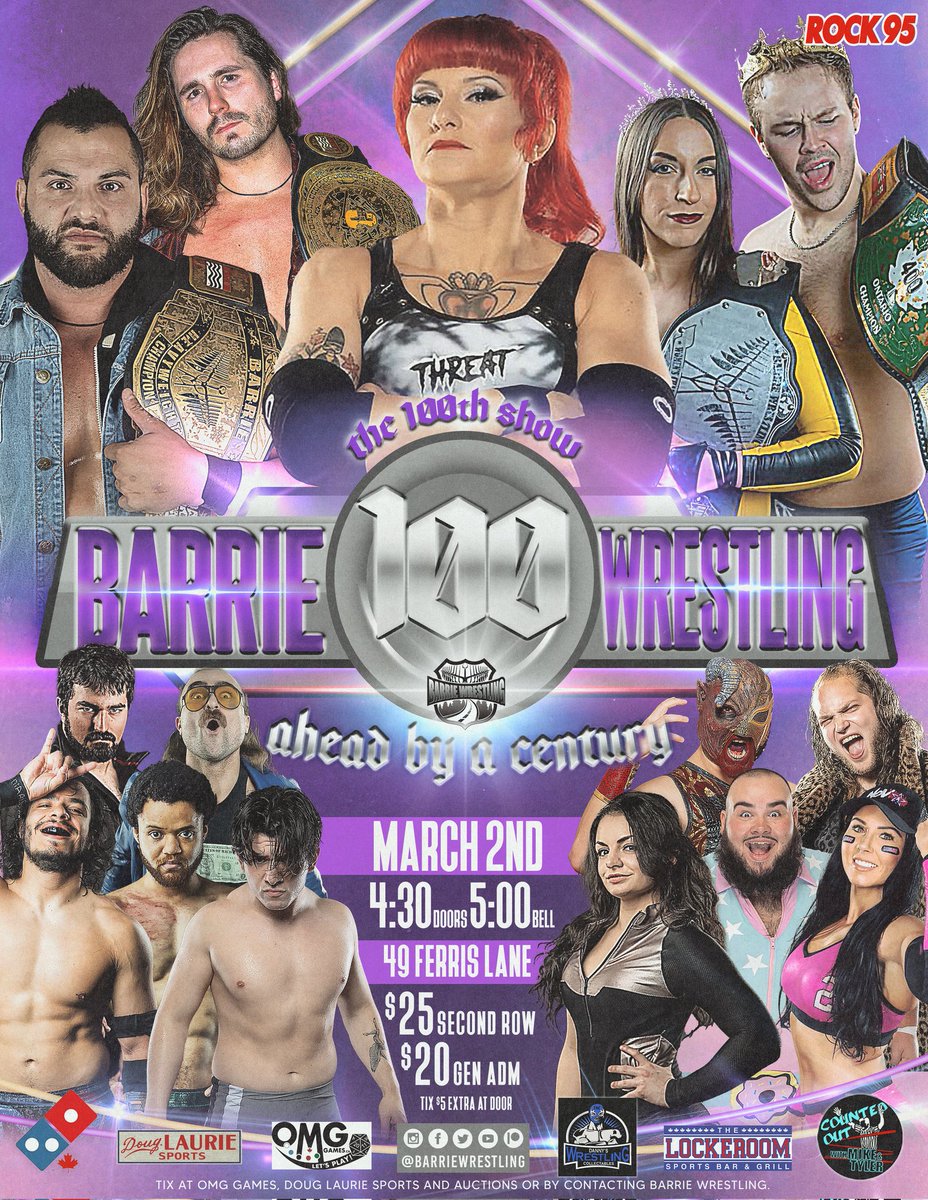 BarrieWrestling's tweet photo. Saturday, Mar. 2
The 100th Show
Three Pistols champion @VaughnVertigo defends against @iamamirjordan
Front and second row gone!
General admission LIMITED!
Contact Barrie Wrestling for tix now!
#BarrieWrestling
#BW100
#AheadByACentury
#ThreePistols https://t.co/CoESYhqyki