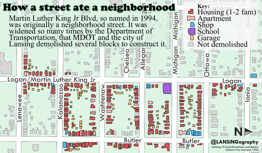 In Lansing, MLK used to be a neighborhood street, lined with single family homes, apartments, and storefronts. MDOT tore down hundreds of buildings to expand it into the highway it is today. #lovelansing 
more:
lansingography.com/2024/02/lansin…