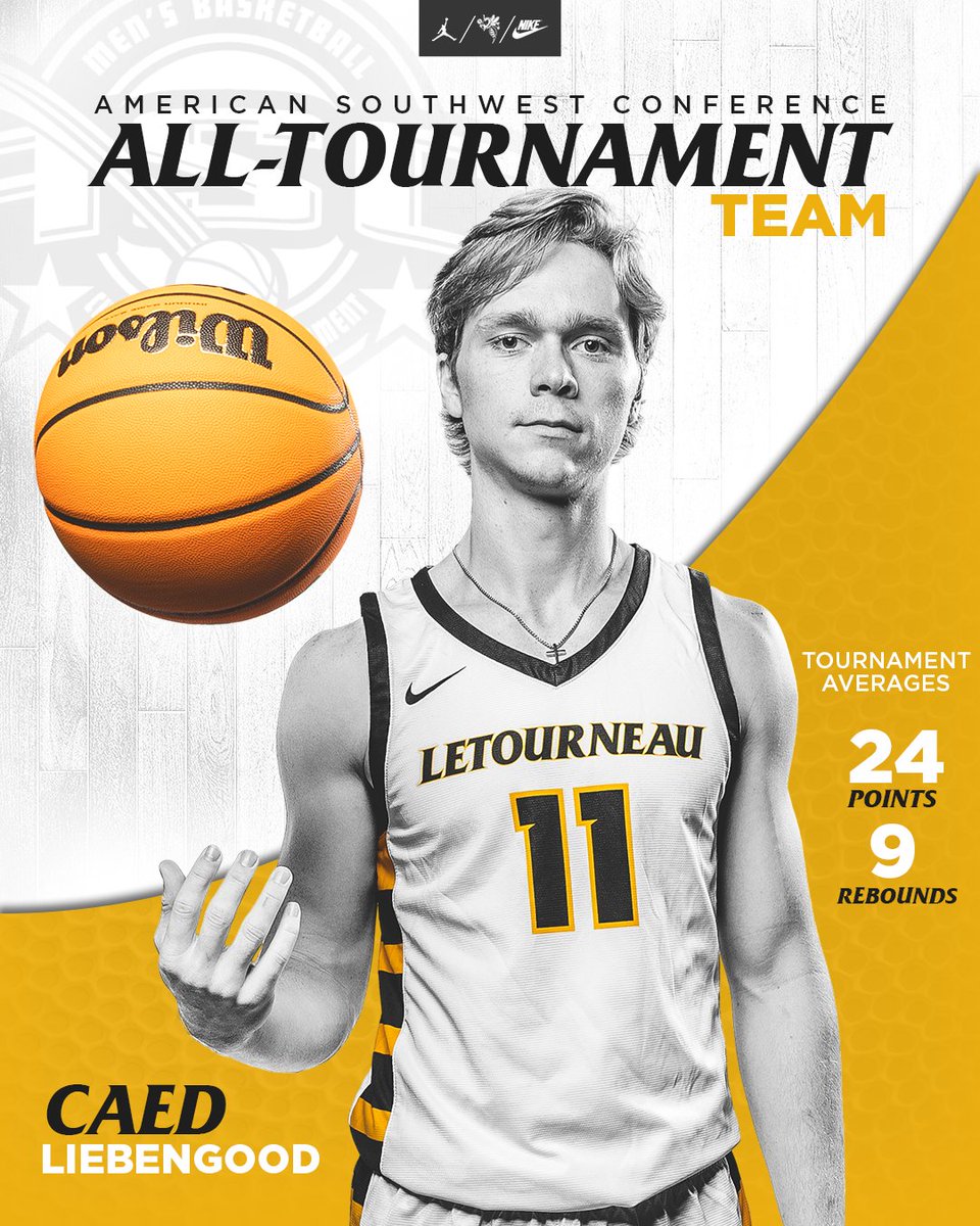 ALL-TOURNAMENT TEAM | 2024

Caed Liebengood was named to the 2024 ASC All-Tournament Team after 2 stellar performances.

Caed averaged 24 points & 9 rebounds per game despite battling foul trouble & playing only 27 min in each game.

#d3hoops #LeTourneauBuilt #LETUBrotherhood