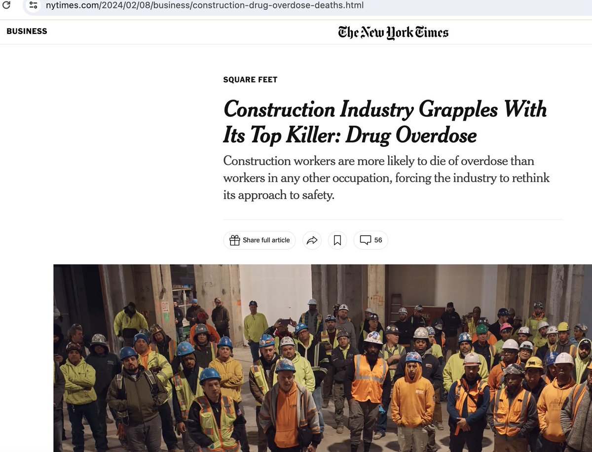 "Construction workers are more likely to die of overdose than those in any other line of work," the NY Times reported recently.  This is even more reason to join us at our #Construction Working Minds Summit, register now: constructionworkingminds.org/summit