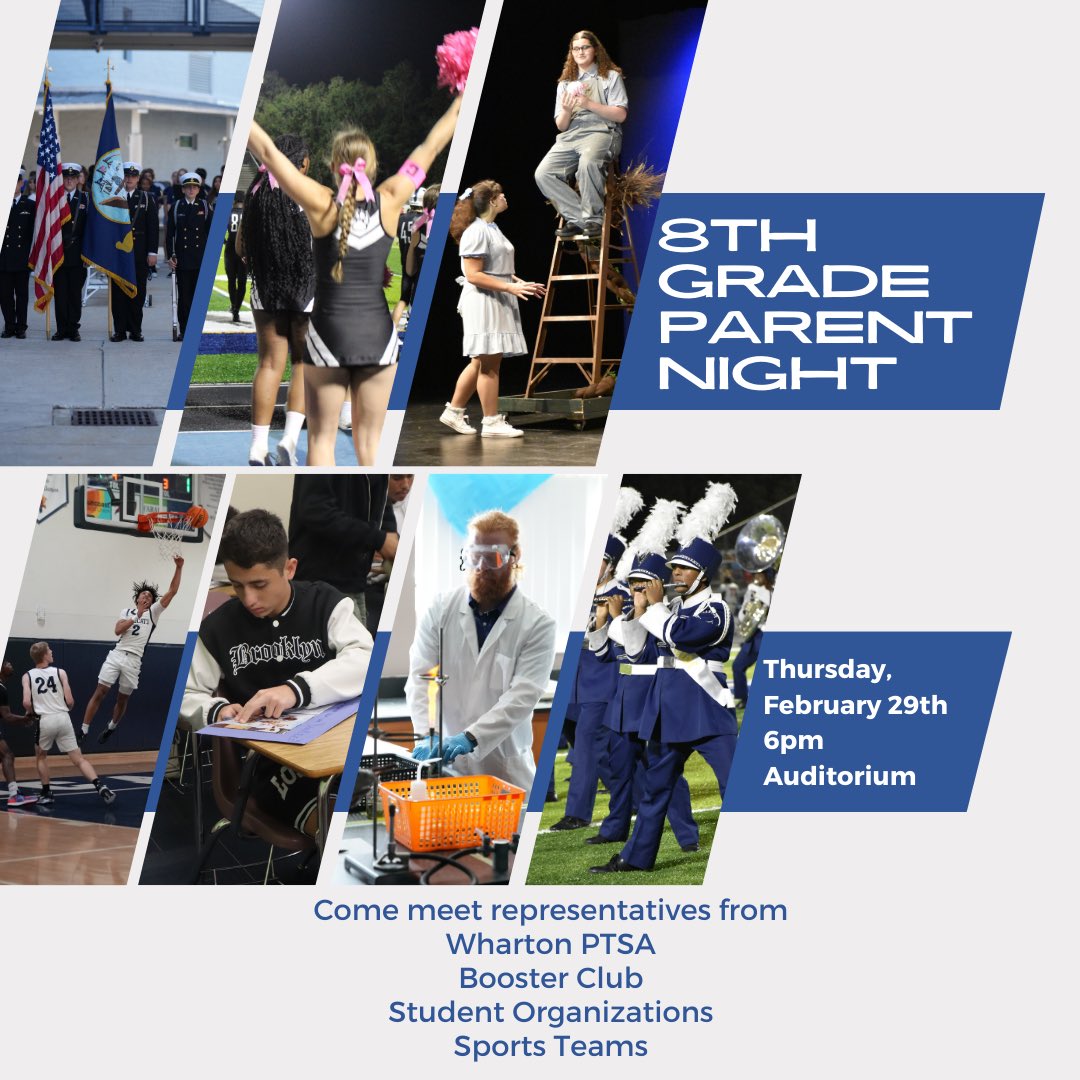 Attention future Wildcats! Join us this Thursday for 8th grade parent info night. #WeAreWharton