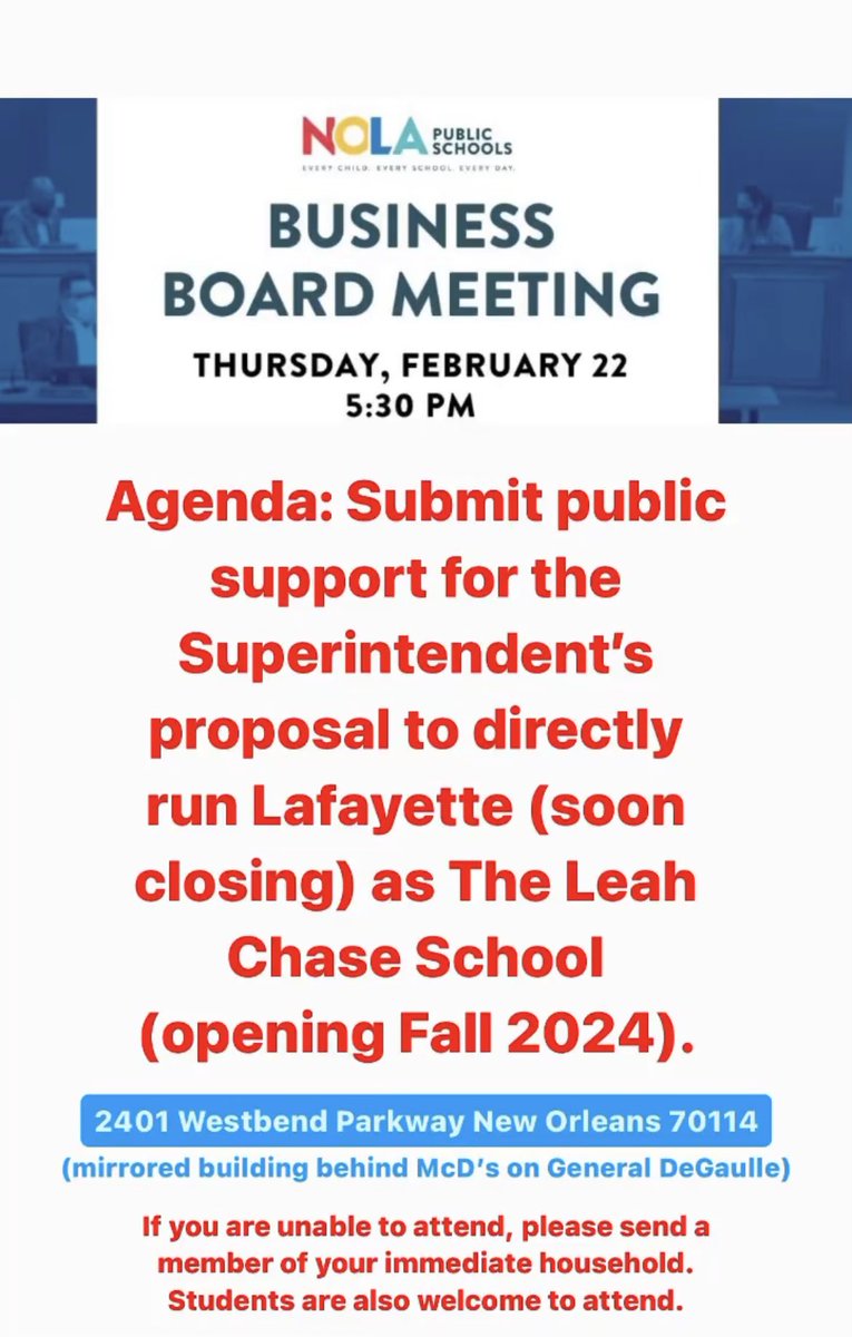 erasetheboardno's tweet photo. #RealChoice #UPDATE
Orleans Parish School Board voted to amend the Super’s rec. to directly run Lafayette Charter as The Leah Chase School. The amend. includes a provision to directly run more schools.
The board will vote on this tomorrow after public comment. Please attend! https://t.co/kAGEMMpQHB