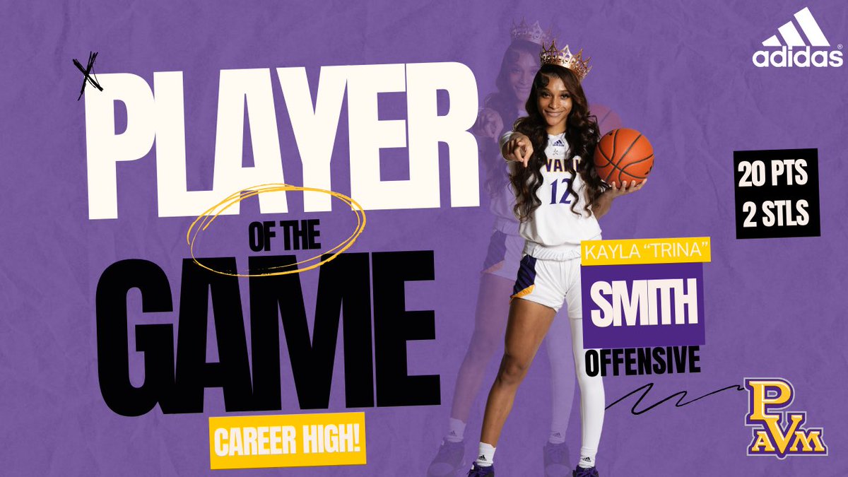 AND NOW… OUR PLAYER OF THE GAME 🥁Kayla “Trina” Smith!!!!

KAYLA HAD A CAREER HIGH OF 20 points, 2 steals!
 
#playerofthegame🏀 #WhereChampionsAreBuilt #PVAMU #PVAMUWBB #BreakThrough