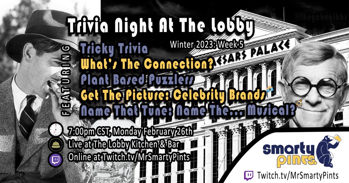 MrSmartyPints's tweet image. If you're starting to go through trivia withdrawal, don't worry, we're back! Week 5 of Smarty Pints Trivia kicks off at @thelobbykb  on Monday at 7:00pm!

Can't make it? Feel free to join us on Twitch: twitch.tv/MrSmartyPints

Super Secret Free Answer: Pharrell Williams