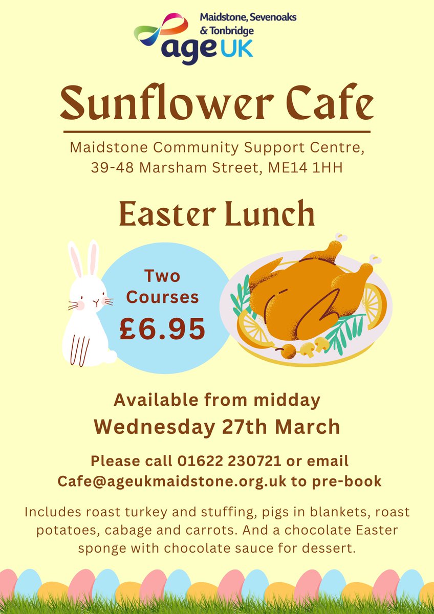 ageukmst's tweet image. Join us on 27th March for a delicious Easter Lunch at the Sunflower Cafe.

Don&apos;t miss out - give us a call or email to pre-book! 

Open to everyone in the community - no matter your age or whether you are a client of ours!
 
#WhatsOnKent #WhatsOnMaidstone #Easter