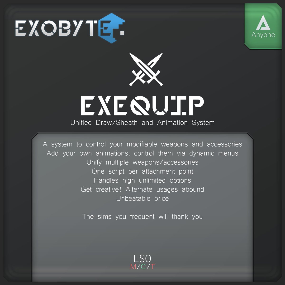 ExobyteSL's tweet photo. New release! For the low low price of free, pick up exEquip, a system for collating a whole lot of weapons/accessories into one script per attachment point, to more effectively descript avatars for RP. It even handles face idles and deformers!

MP Link: https://t.co/bqEXSJyI2q https://t.co/QSoQh7h1LN