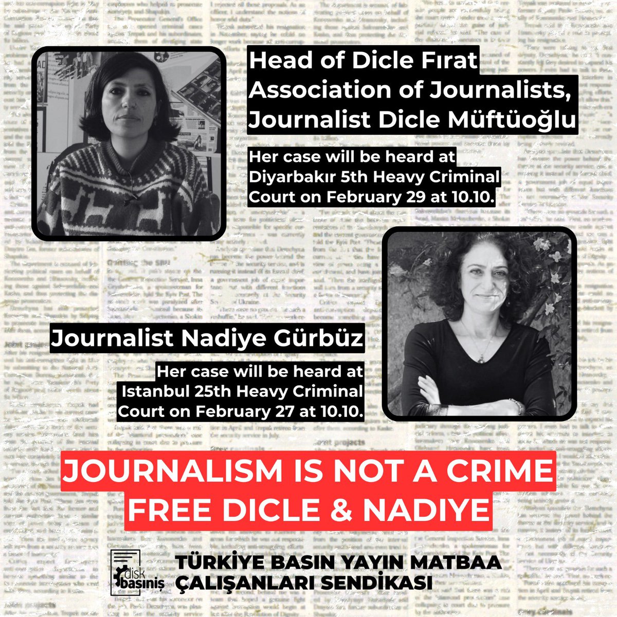 Gazetecilik faaliyetleri nedeniyle yargılanan meslektaşlarımız Dicle Müftüoğlu ve Nadiye Gürbüz için bir araya geliyoruz. 🗓️26 Şubat Pazartesi ⏱️11.00 📍İHD İstanbul Şubesi