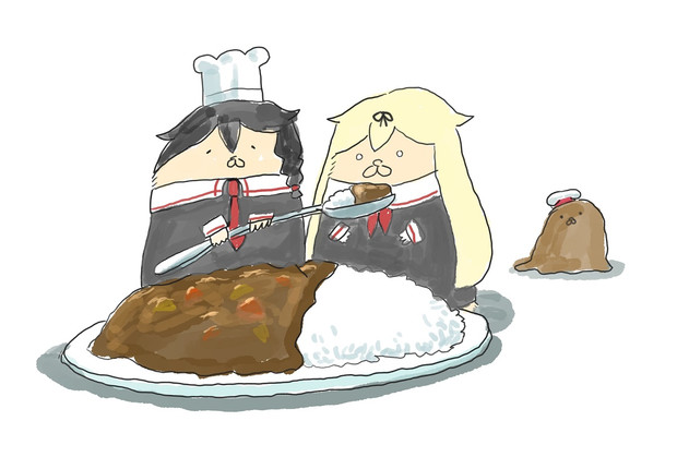shigure (kancolle) ,yuudachi (kancolle) curry food hat chef hat braid serafuku blonde hair  illustration images