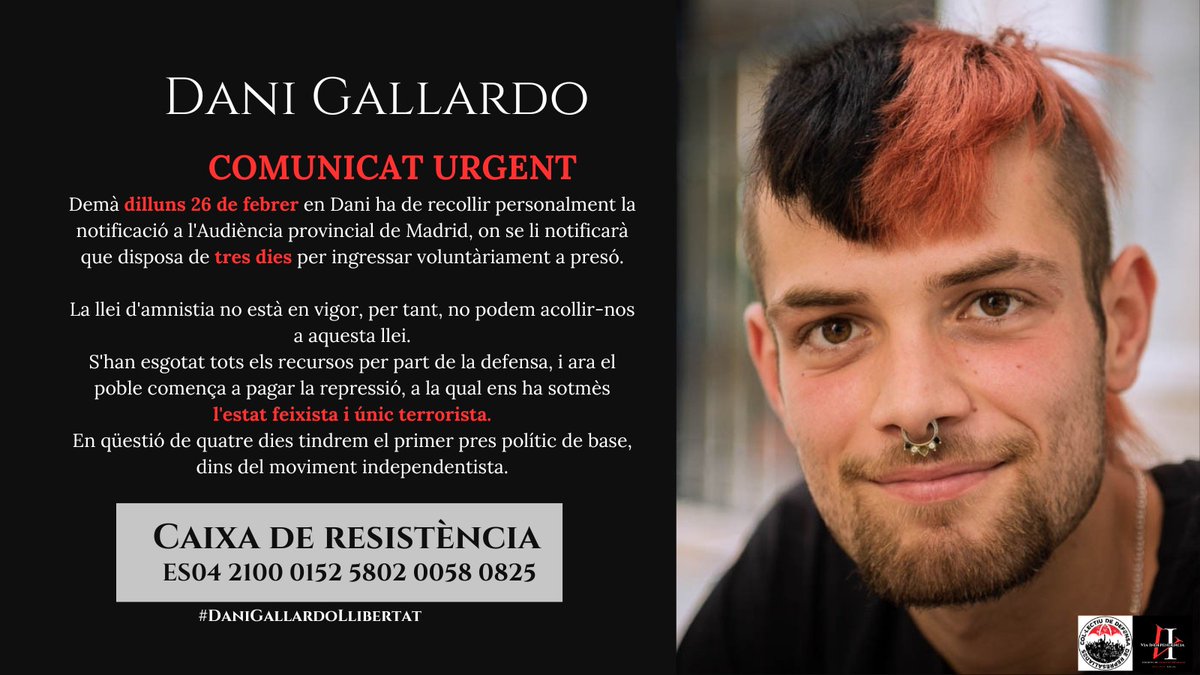 viaindepen's tweet photo. 🔴 COMUNICAT 🔴
🗣️Crida de recordatori!
El nostre company Dani d'aquí a quatre dies haurà d'entrar a presó.
💪Màxima difusió 
💰Fes un donatiu
➡️Comparteix aquest post 
CAIXA DE RESISTÈNCIA: 👇
Referència: Dani Gallardo
ES04 2100 0152 5802 0058 0825
#DaniGallardoLlibertat https://t.co/zdj3cnjeoh