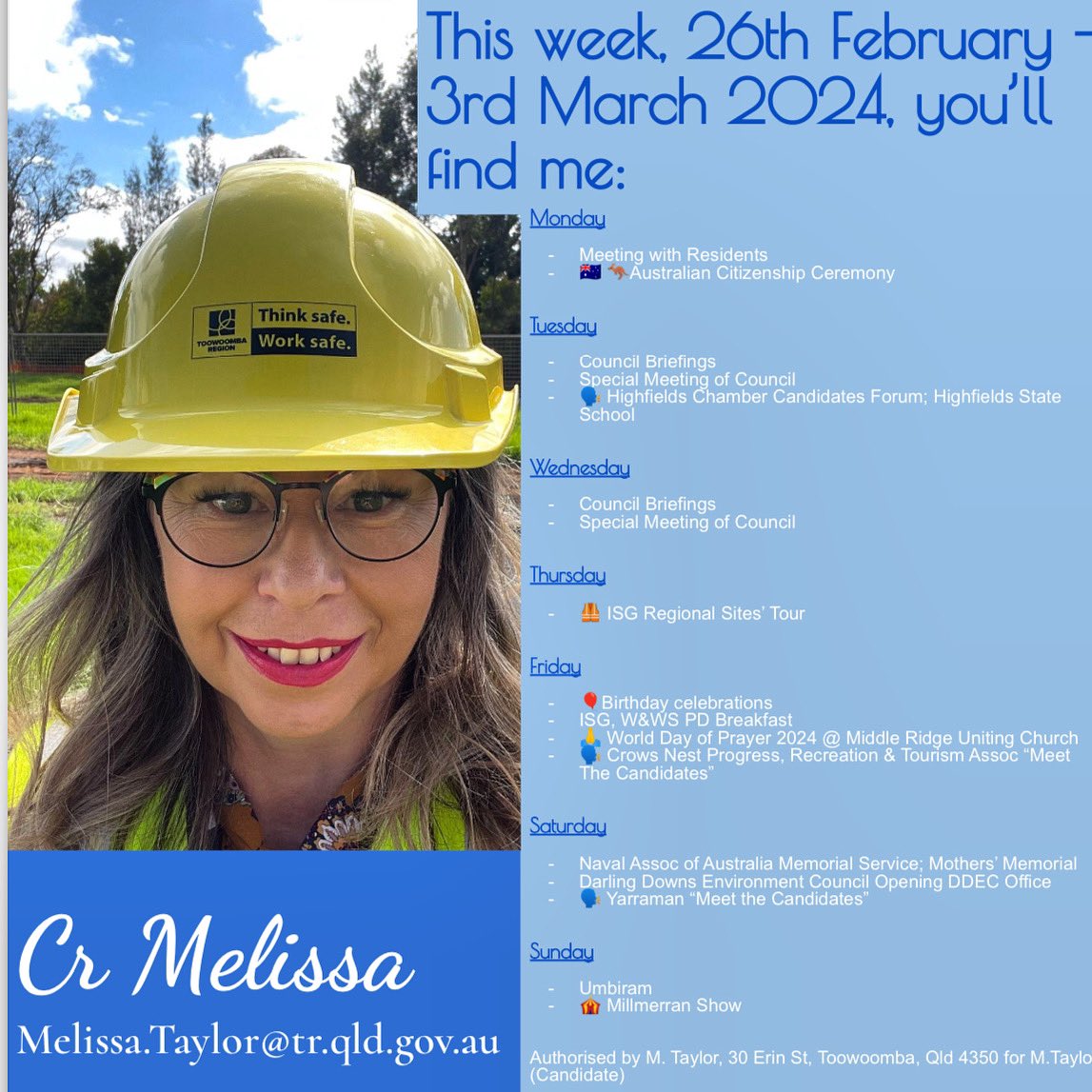 #whereyoullfindme 

👉🏻 councillormelissataylor.com

#toowoombaregion #morethanjustapostcode #adventuresinourregion #councillorlife #richtraditionsboldambitions  #whybeordinarywhenyoucanbeextraordinary

Authorised by M. Taylor, 30 Erin St, Toowoomba, Qld 4350 for M. Taylor (Candidate)