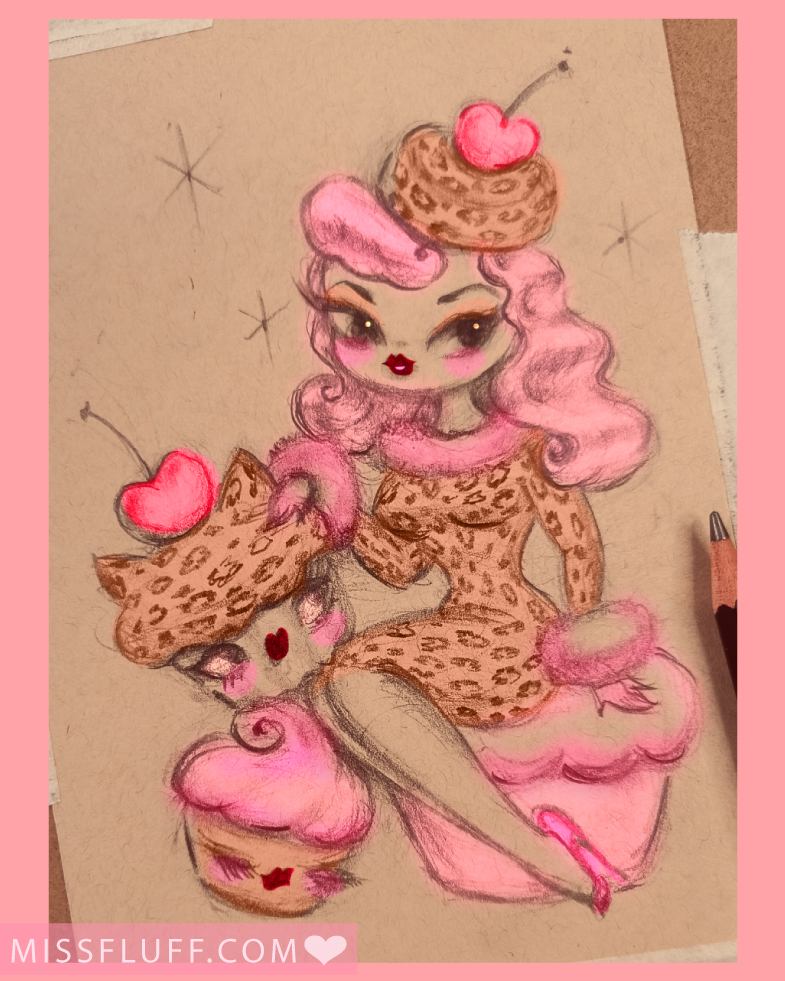 💖 Happy Sunday Sweets! 💖 (and belated Caturday) 💖
Leopard cupcake doll • drawing in pencil . I added some color tints afterwards on the computer. 💋

#sundayvibes #cutearteveryday #leopardprint #popsurrealism #cupcakes #dessertart