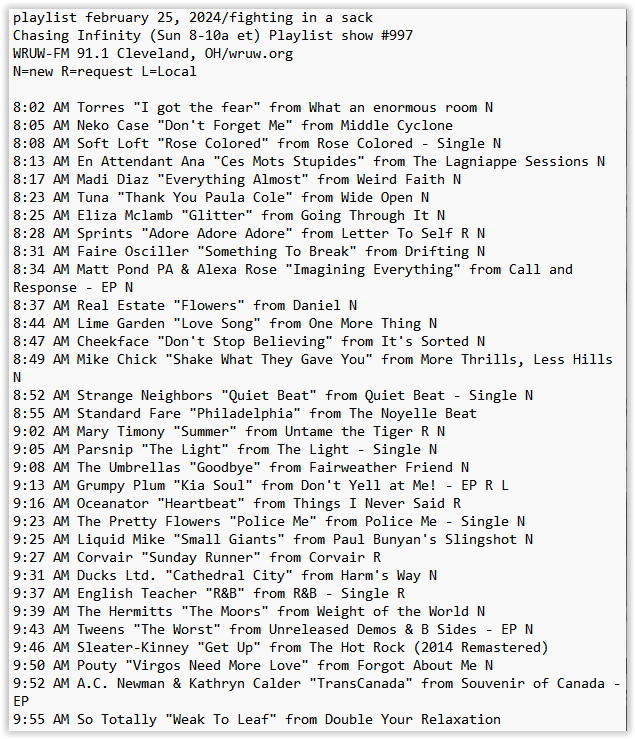 my @WRUW playlist this am ft: @torreslovesyou @enattendantana @elizamclamb @SPRINTSmusic @mattpondpamusic @realestateband @cheekfaceREAL @StrangeNeighbs @theumbrellassf @oceanator @PrettyFlowersLA @liquidmikeband @BandCorvair @Englishteac_her @thehermitts + more ⬇️