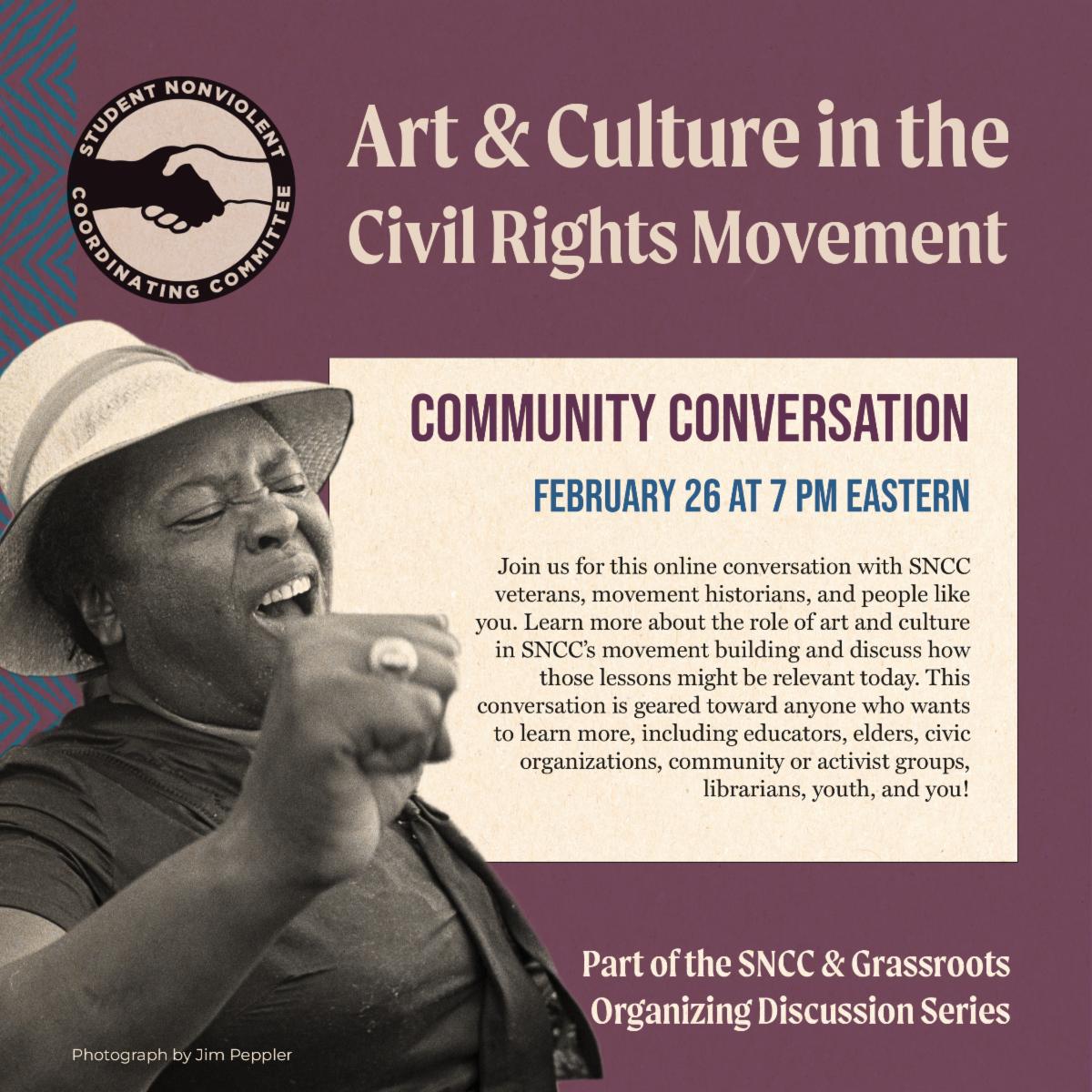 Tomorrow, Feb. 26th, join SNCC Veterans for an online conversation about how art and culture were central to how they engaged with communities during the Civil Rights Movement. Click the link to register!  duke.zoom.us/meeting/regist…