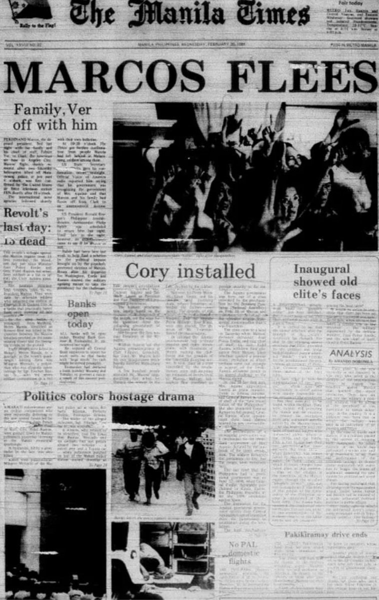 After a 20-year dictatorship under Ferdinand Marcos Sr., these newspaper headlines brought incredible relief & jubilation to Filipinos who fought for freedom & democracy 38 years ago.
#EDSA38
#EDSAPeoplePower