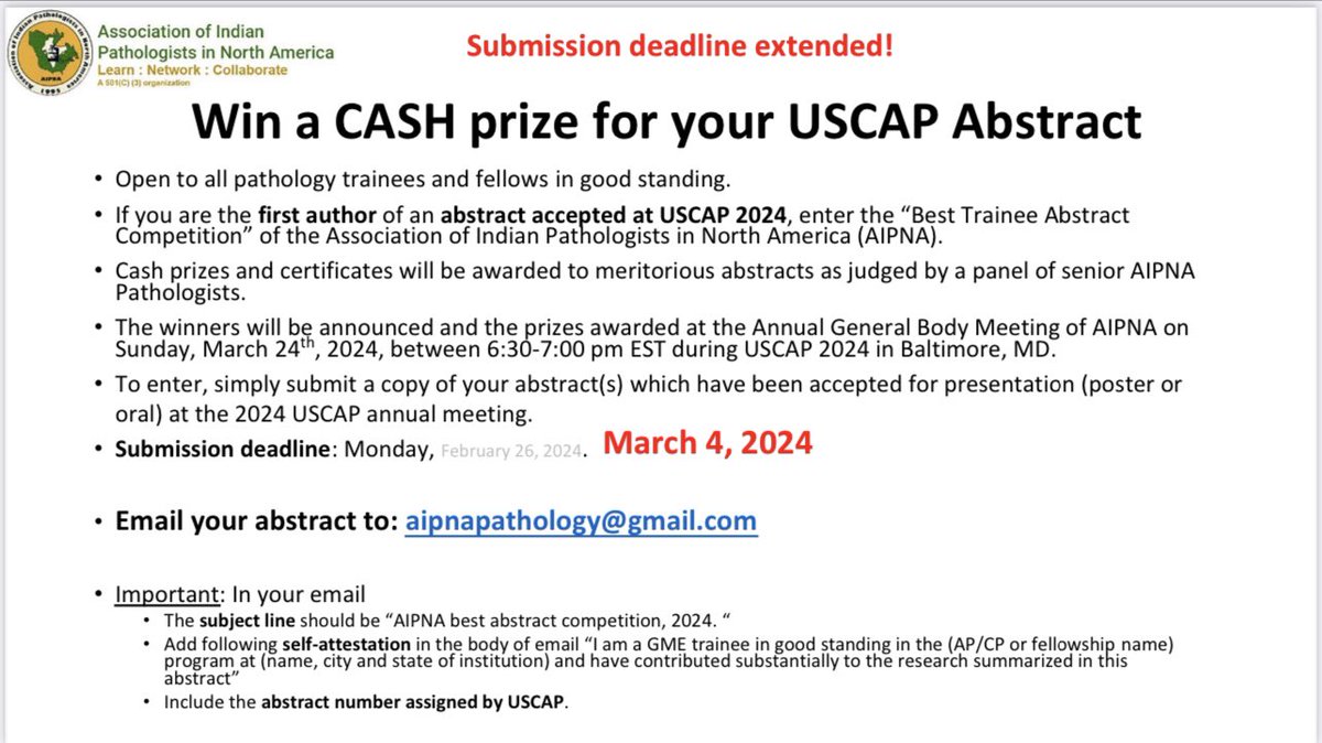 Deadline Extended: March4, 2024. 
All pathologist in training from all ethnic backgrounds are encouraged to apply. 
#USCAP2024 #PathTwitter #pathres 
#MedTwitter