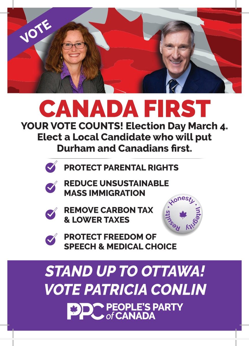 Stand up to Ottawa! Vote for @PatriciaC_PPC, the only candidate who puts Canada first, on March 4th! She will: • Protect Parental Rights • Reduce Unsustainable Mass Immigration • Reduce Taxes and Ban the Carbon Tax • Protect Freedom of Speech and Medical Choice