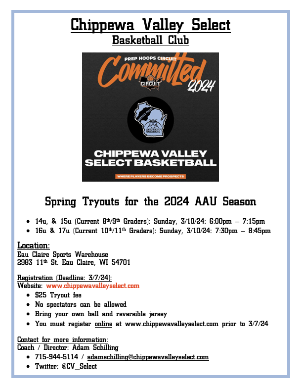 Chippewa Valley Select Boys Basketball (@cv_select) on Twitter photo The final round of tryouts for the 2024 season are on 3/10/24 for Chippewa Valley Select Basketball. Register at this link:
chippewavalleyselect.com
#CV_Select
<a href="/WisBBYearbook/">Mark Miller</a>
<a href="/PrepHoops_WI/">Prep Hoops Wisconsin</a> The final round of tryouts for the 2024 season are on 3/10/24 for Chippewa Valley Select Basketball. Register at this link:
chippewavalleyselect.com
#CV_Select
<a href="/WisBBYearbook/">Mark Miller</a>
<a href="/PrepHoops_WI/">Prep Hoops Wisconsin</a>