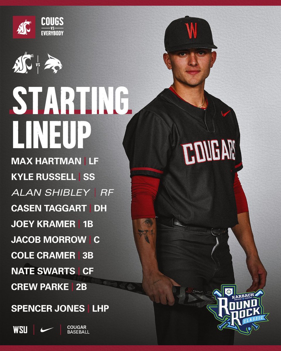 Washington State Baseball (@wsucougarbsb) on Twitter photo <a href="/SpencerJones_22/">Spencer Jones</a> 30 min from 1st pitch against Texas State in the <a href="/KarbachRRC/">Karbach Round Rock Classic ⚾️</a> finale!
Here is your Cougar starting lineup
#GoCougs <a href="/SpencerJones_22/">Spencer Jones</a> 30 min from 1st pitch against Texas State in the <a href="/KarbachRRC/">Karbach Round Rock Classic ⚾️</a> finale!
Here is your Cougar starting lineup
#GoCougs