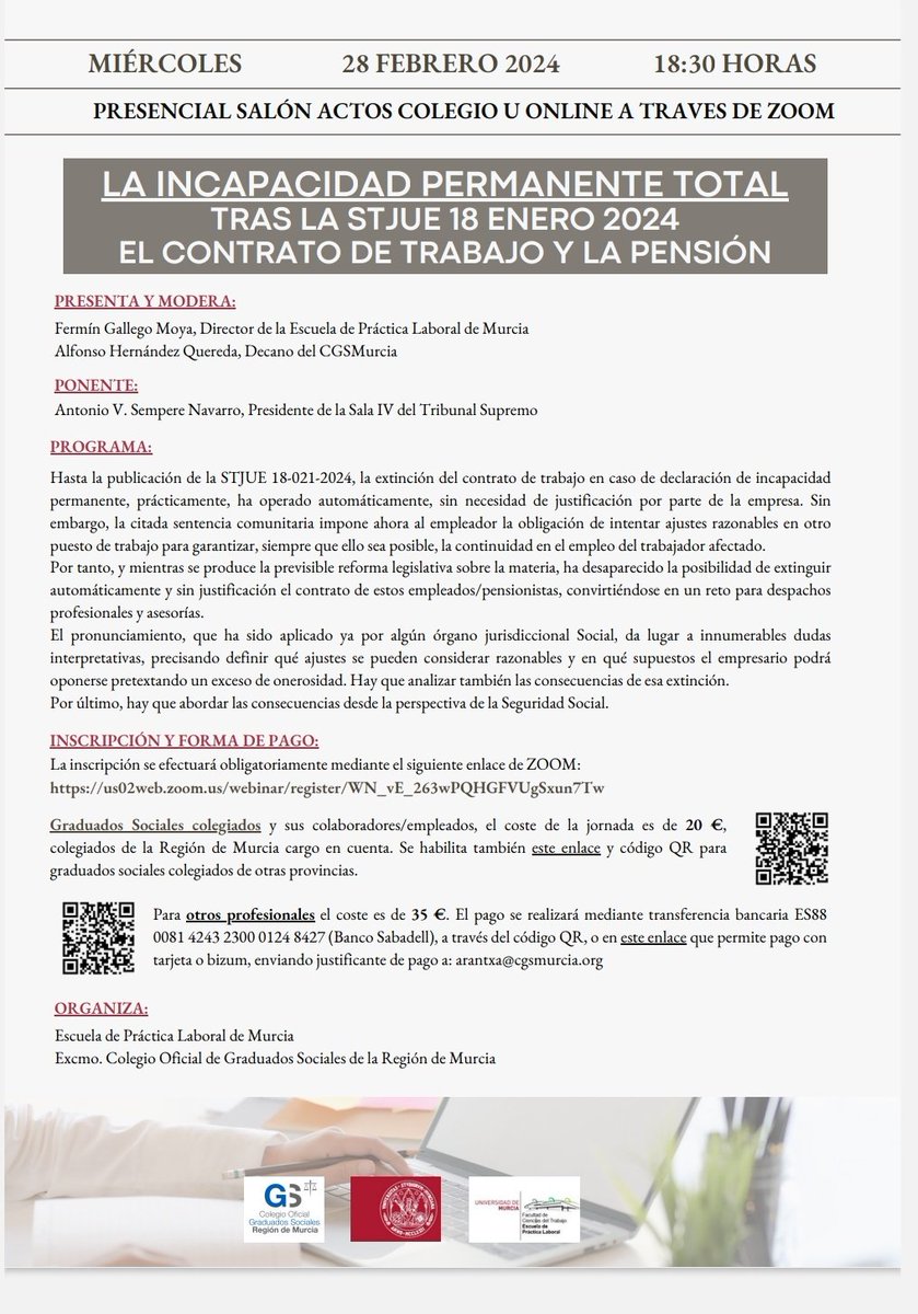 esprlab's tweet image. Jornada "La incapacidad permanente total tras la STJUE 18 enero 2024". 28 febrero 2024.