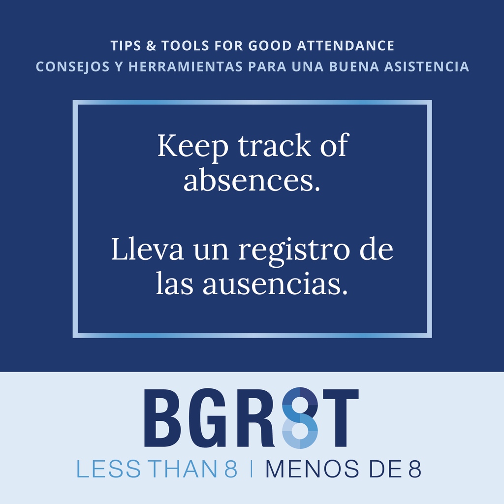 Excused and unexcused absences easily add up to significant time lost in the classroom. Keep track of absences so that you know when you are in danger of missing more than 8 days of school this year.