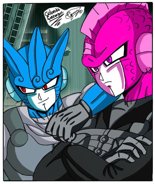 un dibujo que hize de mis oc que invente ,zaikk quetzal 125 que es el de piel rosa y voz quetzal 126 que es el de piel azul que están inspirado en los gamma,estos a diferencia son malvados y son del futuro,son cyborg del tipo metal líquido del guerrero yk anime inventado por mi.