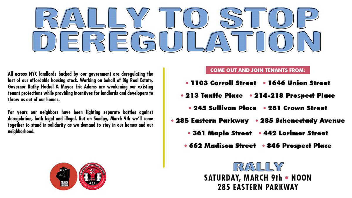 Landlords are still using legal & illegal tactics to push working class folks out of Brooklyn. Come out to support 12 tenant associations affiliated with @CHTenantUnion & @BrooklynDefense as we fight back! Sat. 3/9, 12pm, 285 Eastern Pkwy!