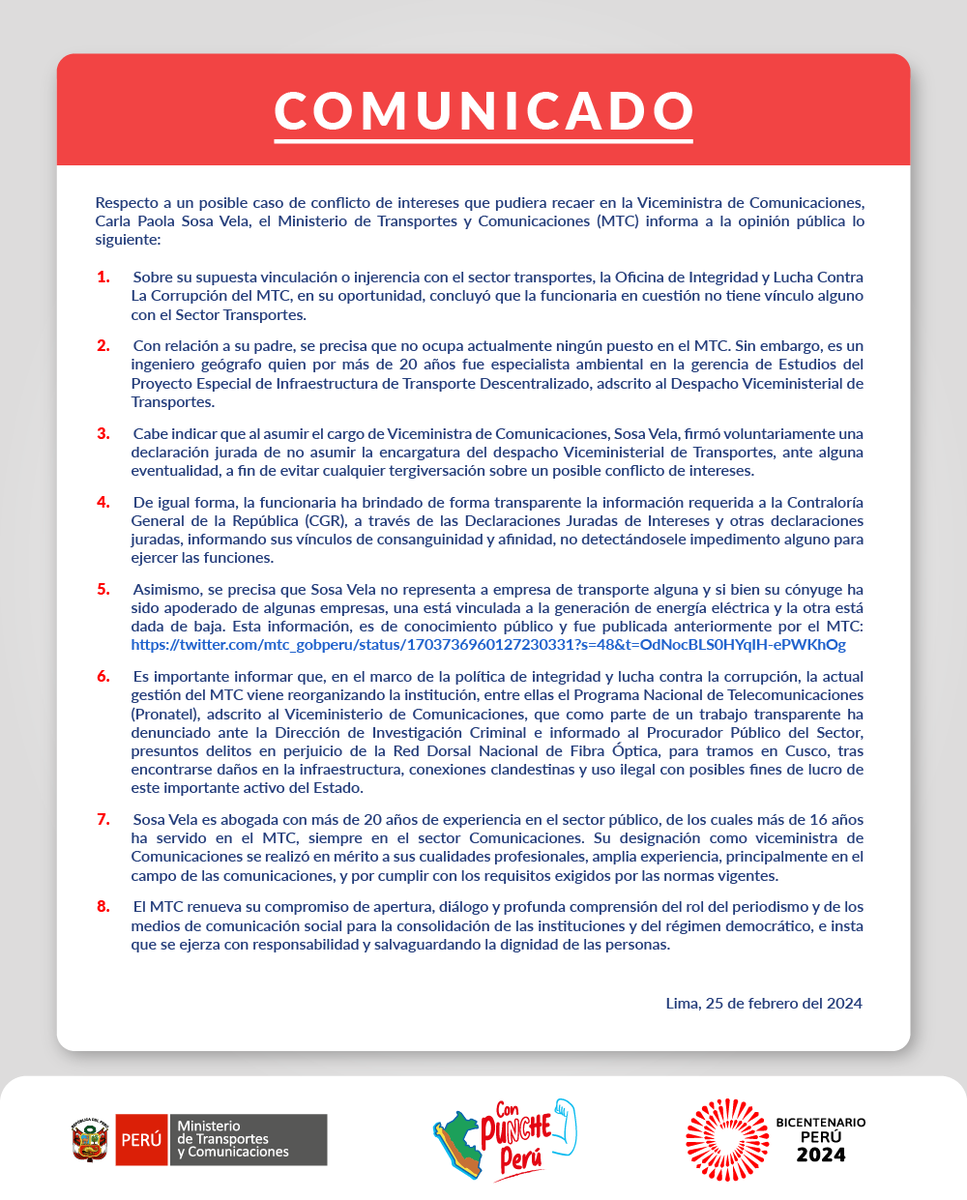 🔴 #COMUNICADO | El Ministerio de Transportes y Comunicaciones informa a la opinión pública lo siguiente: