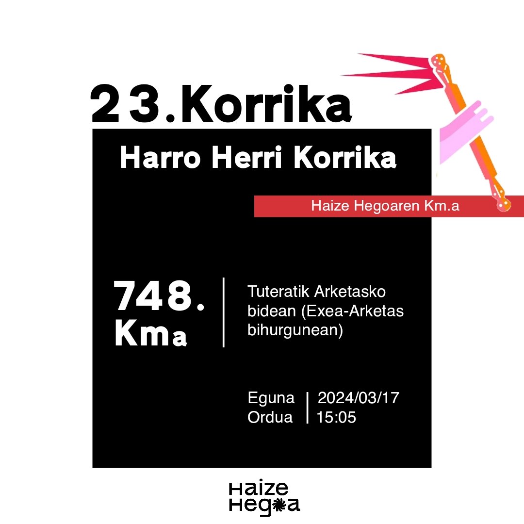 Haize Hegoak Korrikaren 23. edizioan parte hartuko du "Harro Herri Korrika" lelopean, gure km-an aktiboki parte hartzera animatzen ditugu pertsona guztiak.

 ➡️ Exea-Arketas bihurgunean.
🕜 15:05etan.
🗓️ 2024/03/17 (Igandea)

Euskarak Tutera behar du, Tuterak euskara behar du.