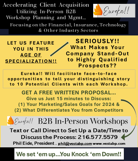 PropertiesProbe's tweet image. Do You Have a Specialty that Differentiates Your Programs, Products &amp;amp;/or Services for Qualified Prospects? At Eureka!!, we Specialize in Organizing &amp;amp; Managing live B2B, focused Workshops for Small Groups of Potential Clients to Convert Qualified Prospects into Profitable Clients.