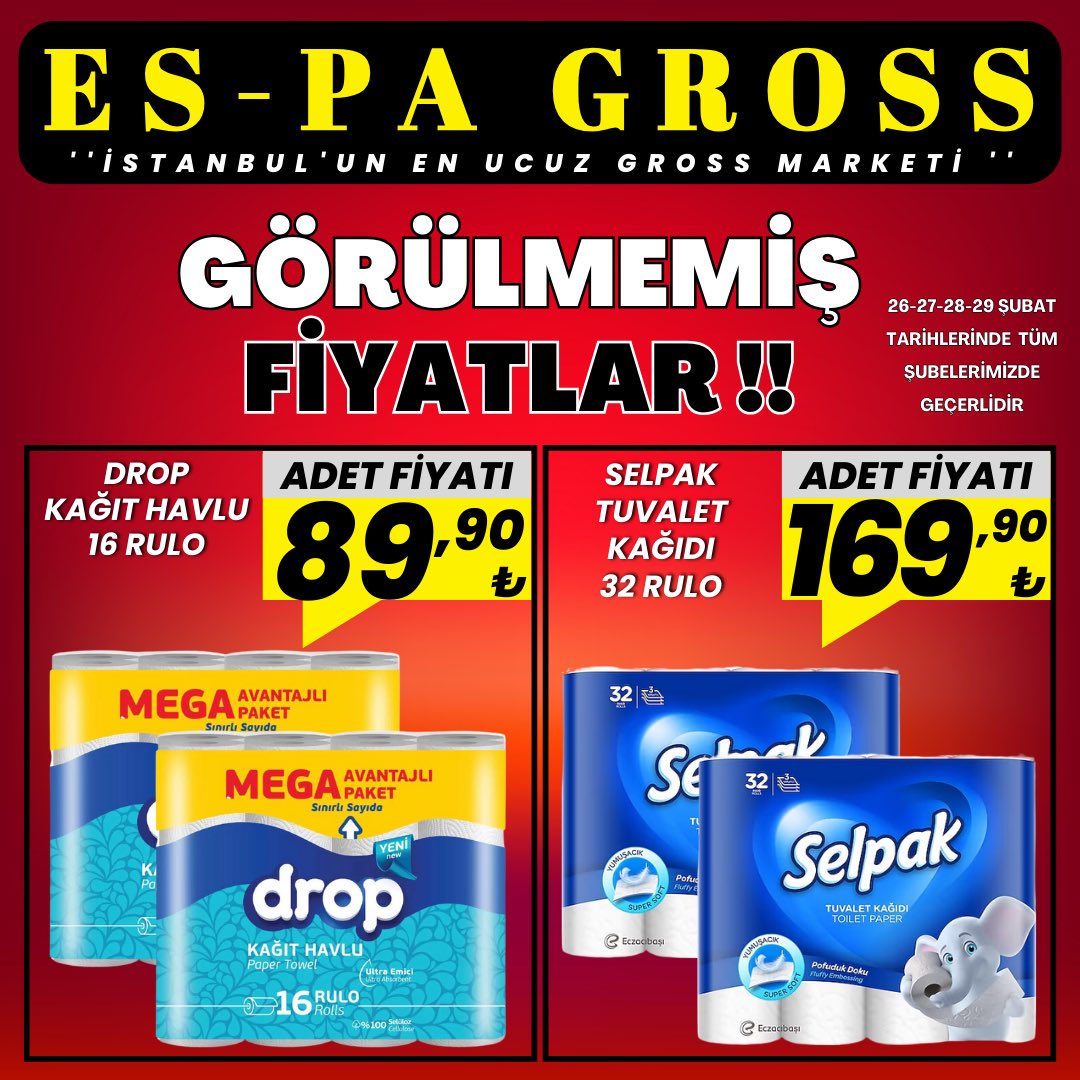 espagross's tweet photo. İstanbul’un en ucuz gross marketi 
26-27-28-29 ŞUBAT TARİHLERİNDE TÜM ŞUBELERİMİZDE GEÇERLİDİR . 

#indirim #ucuz #enuygunfiyat #espagross  #indirim #market #alışveriş #i̇stanbul #beylikdüzü #esenyurt #enflasyonlamücadele https://t.co/m9q0g5BzJ9