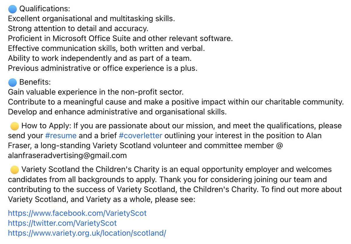❤️ W A N T E D  | #VarietyScotland, the children's Charity are looking for a Volunteer Administrative Assistant. (In Scotland we are entirely a volunteer committee and currently have no dedicated paid staff.) Pls tag any suitable candidates/share this post. Thank you‼️❤️