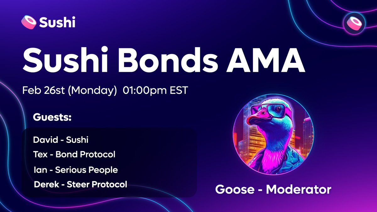 🚨 AMA Alert 🚨

We will be hosting an AMA tomorrow afternoon at 1pm EST with our friends from <a href="/Bond_Protocol/">Bond Protocol</a> , <a href="/steerprotocol/">Steer Protocol | 🐂</a> and Serious People to discuss anything and everything about our new Bond program!

📅 Set a reminder here: x.com/i/spaces/1OdKr…