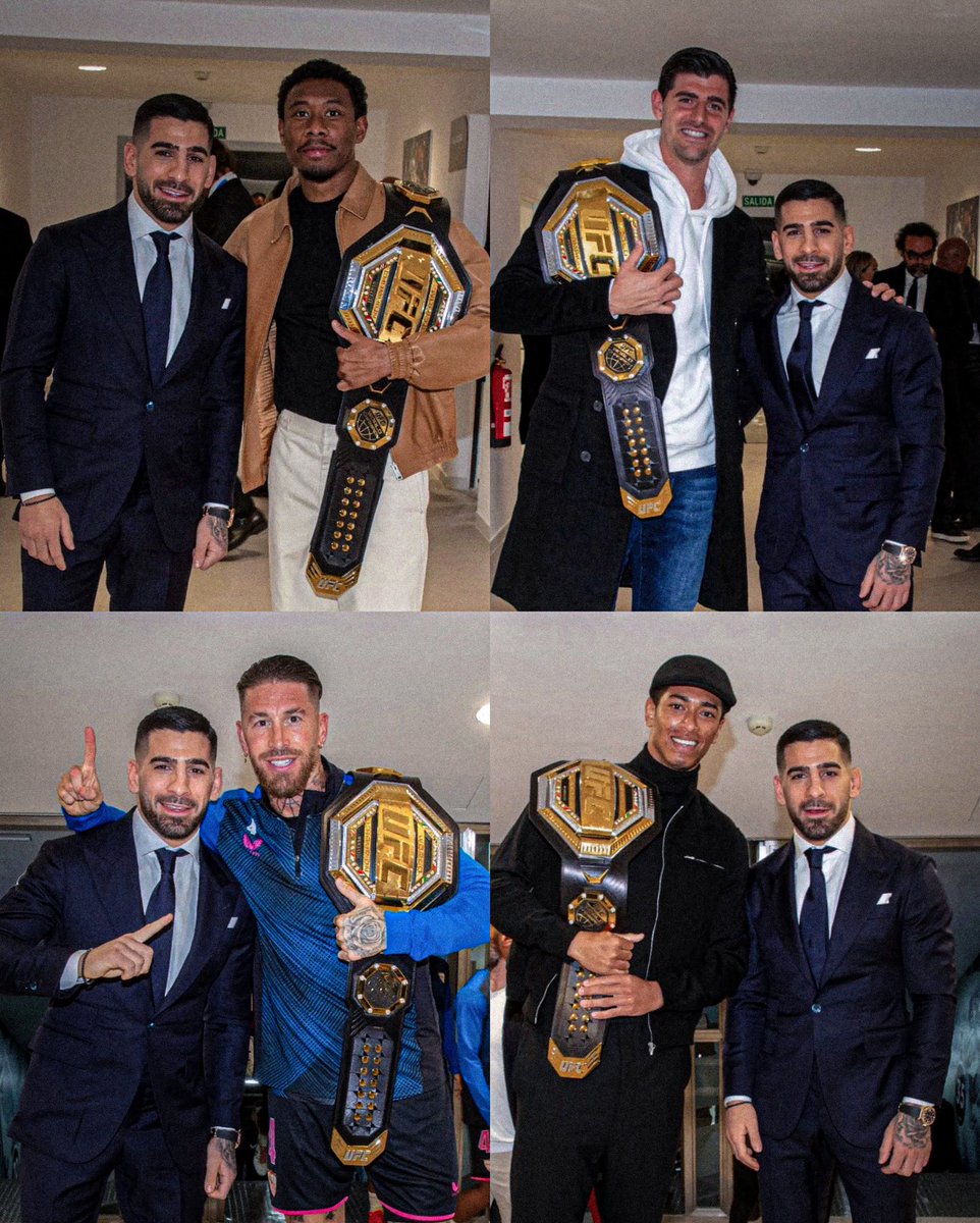 LaSueur_off's tweet photo. David Alaba, Thibault Courtois, Sergio Ramos et Jude Bellingham ont posé avec la ceinture d’Ilia Topuria après le match du Real Madrid ! https://t.co/9vZjocyw1E
