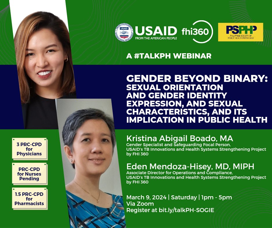 SOGIE FOR HEALTH PROFESSIONALS

PSPHP brings you the next #TalkPH webinar, 'Gender Beyond Binary: Sexual Orientation & Gender Identity, & Sexual Characteristics, & its Implication in Public Health' on March 9, Saturday, 1pm-5pm, via Zoom.

Register at bit.ly/talkPH-SOGIE