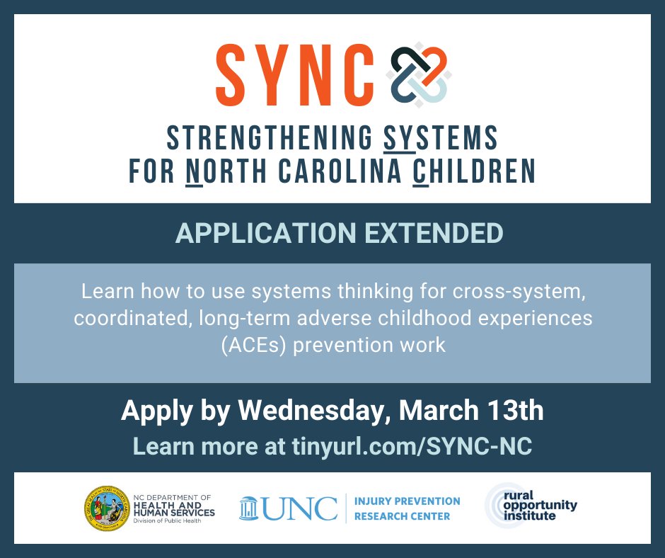 The application deadline for Strengthening Systems for NC Children (SYNC) has been extended to March 13th. Learn how to use systems thinking for cross-system, coordinated, long-term adverse childhood experiences (ACEs) prevention work. Learn more at tinyurl.com/sync-nc